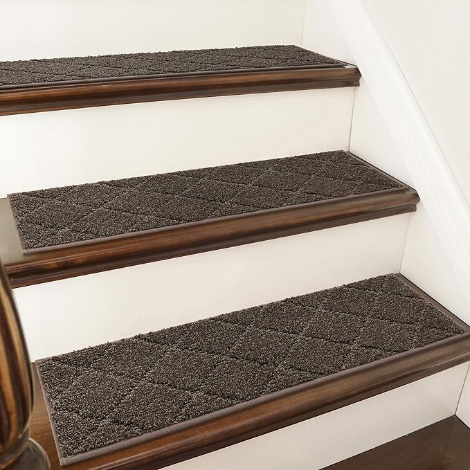 COSY HOMEER Edging Stair Treads Non-Slip Carpet Mat 28inX9in Indoor Stair Runners for Wooden Steps, Edging Stair Rugs for Kids and Dogs, 100% Polyester TPE Backing (4pc, Brown)