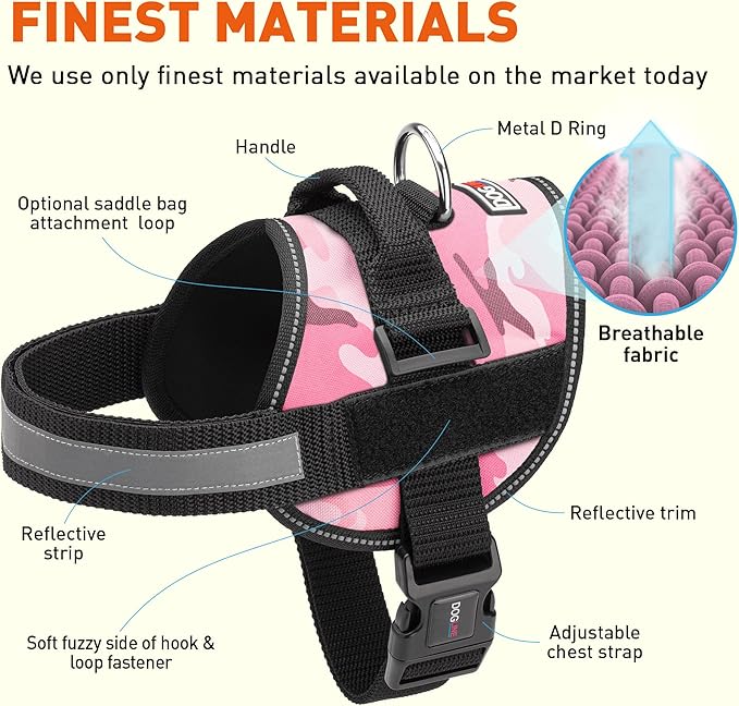 Dogline Dog Harness, Reflective No-Pull Adjustable Vest with Handle, Breathable No-Choke Harness for Small, Medium or Large Dogs Room for Patches Girth 18 to 24 in Pink Camo