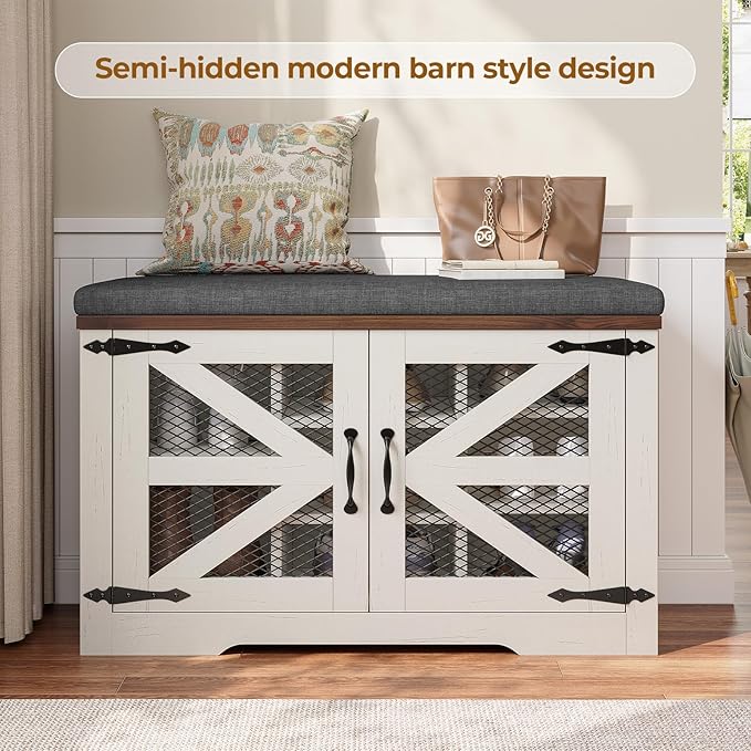 Farmhouse Storage Bench with Cushion, Metal and Wood Shoe Rack Organizer, Adjustable Shelf, Shoe Cabinet with Half Hidden Storage Space, for Entryway, Bedroom, Living Room (Old White, 31.4in)