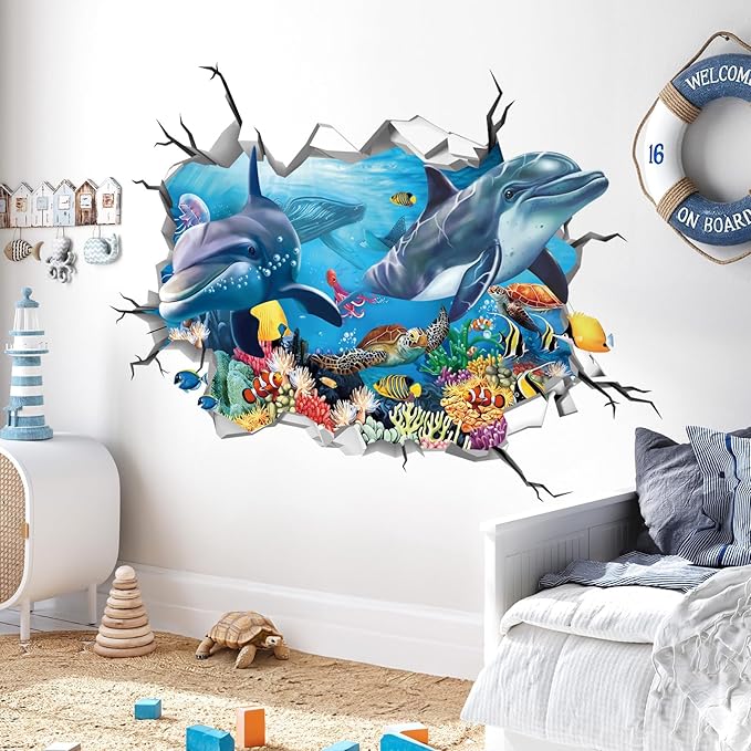decalmile 3D Under The Sea Dolphin Fish Wall Decals Ocean Turtle Seaweed Broken Wall Stickers Boys Bedroom Living Room Bathroom Wall Decor