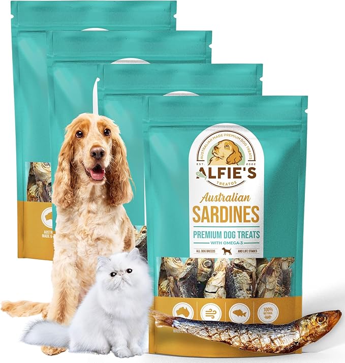 ALFIE'S TREATOS Sardines for Dogs & Cats (10.6 oz, 4x2.65 oz), Bulk Bundle, Air-Dried Fish Dog Treats, Omega-3 Food Topper, Single Ingredient, Australian Wild-Caught, Freeze-Dried Alternative