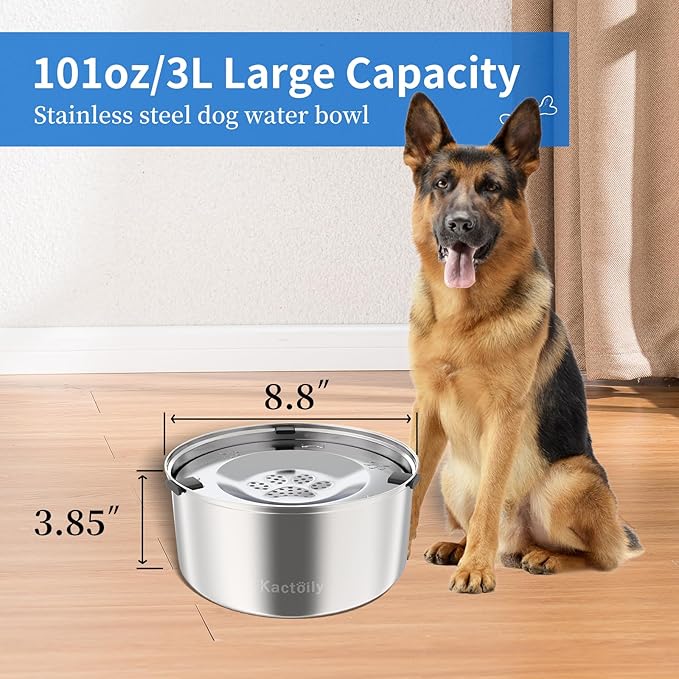 3L/101oz Large Capacity Dog Water Bowl Stainless Steel No Spill Dog Bowls Slow Drinking Dog Water Feeder Dispenser