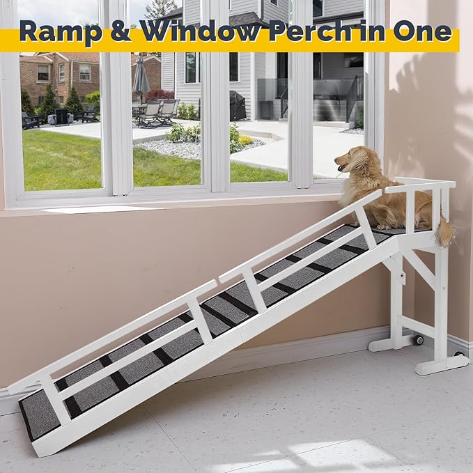 Dog Ramp for Bed or Couch, Wooden Pet Ramp with 20° Gentle Slope, Removable Side Rails, Non-Slip Surface, Top Platform & Wheels, Safe Bed Ramp for Small, Medium & Senior Dogs, 74" Long, White