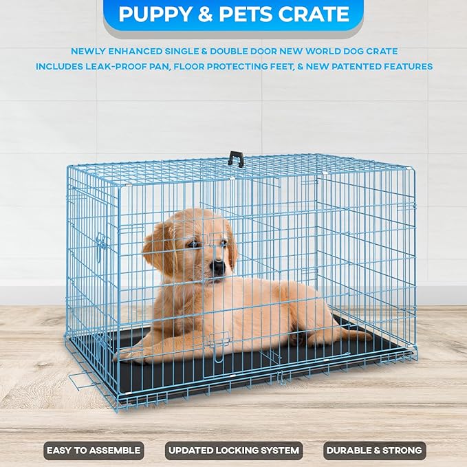 FDW Dog Crate for Small Dogs 24 Inch Folding Metal WirePet Cage Double Door W/Divider Panel Indoor Outdoor Kennel Leak-Proof Plastic Tray,Blue