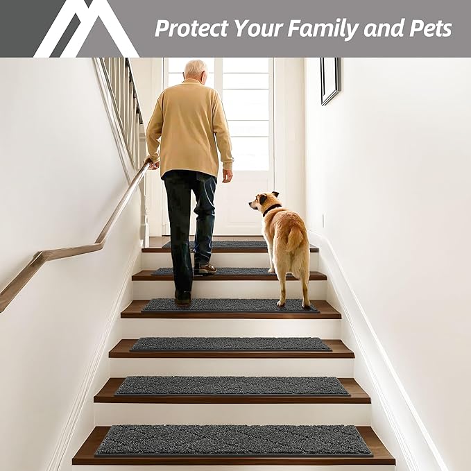 COSY HOMEER Edging Stair Treads Non-Slip Carpet Mat 28inX9in Indoor Stair Runners for Wooden Steps, Edging Stair Rugs for Kids and Dogs, 100% Polyester TPE Backing (15pc, Black)