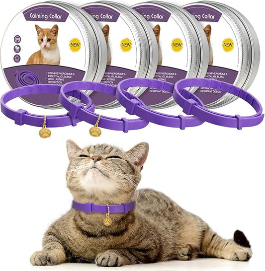 4 Pcs Cat Calming Collar Adjustable Lavender Scent Relaxing Cat Collar with 2 Pendant for Puppies Reduce Stress Aggression Anxious, up to 15 Inches(Purple, Gold)