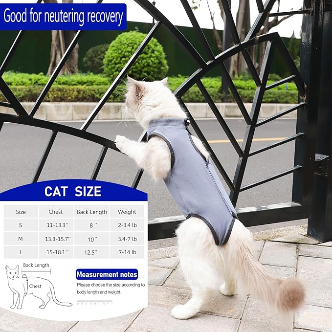 Cat Surgery Recovery Suit Cat Onesie for Cats After Surgery Spay Surgical Abdominal Wound Skin Diseases E-Collar Alternative Wear (Grey-Blue-L)