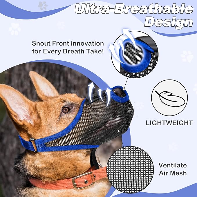 Dog Muzzle, Soft Air Mesh Muzzle for Small Medium Large Dogs Anti Biting Barking Chewing Scavenging, Breathable Adjustable Loop Pets Muzzle with Front Opening Design Allows Panting Drinking (Blue,XL)