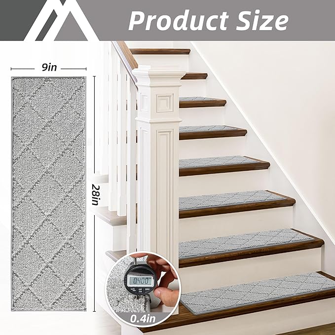 COSY HOMEER Edging Stair Treads Non-Slip Carpet Mat 28inX9in Indoor Stair Runners for Wooden Steps, Edging Stair Rugs for Kids and Dogs, 100% Polyester TPE Backing (10pc, Grey)