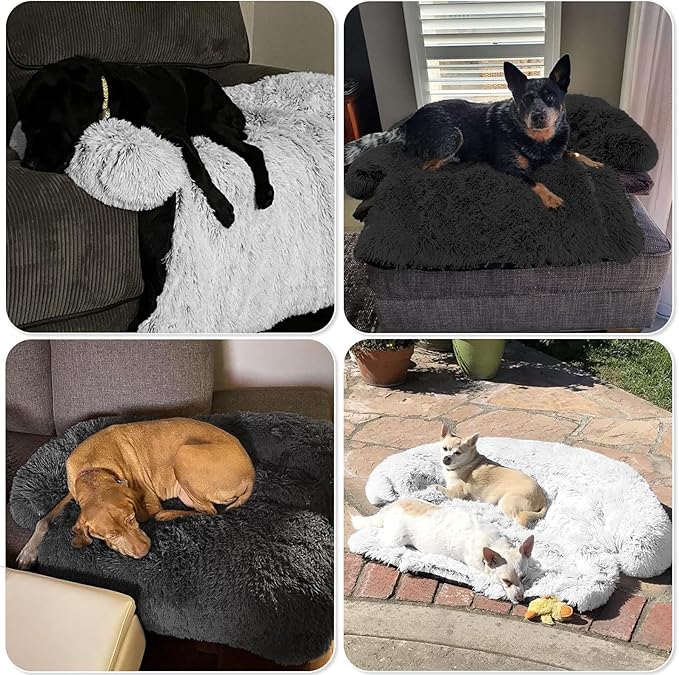Calming Dog Bed Fluffy Plush Dog Mat for Furniture Protector with Removable Washable Cover for Large Medium Small Dogs and Cats (Large(45x37x6), Dark Grey)