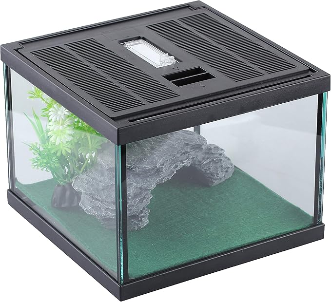 crapelles Glass Lizard Tank, Spider Box Kit, 7.8x7.8x5.9'' Tarantula Feeder Insects Beetle Habitat, Amphibians Terrarium for Small Pet, with Washable Mat, Resin Rock Shape Hideout, Artificial Flower