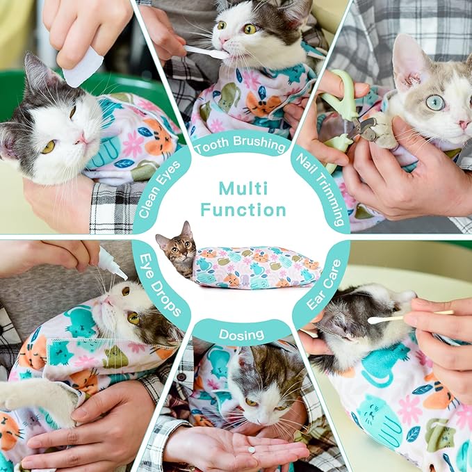 21.7" Cat Grooming Cloth Wrap, Cat Wrap for Cutting Nails, Self-Adherent Fabric Wrap for Cats, Cat Burrito Wrap Anti-Scratch, Anti-Escape, Multifunctional Swaddle Wrap Pet Tool (Floral, Large)