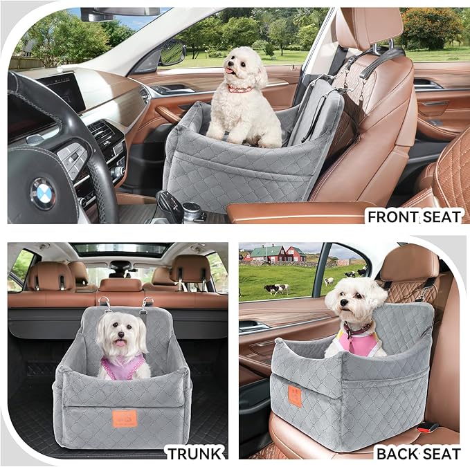Dog Car Seat for Small/Medium Dogs, Dog Booster Car Seats with Thick Cushion for Dogs Under 35lbs, Detachable Washable Pet Car Seat with Storage Pockets, 2 Safety Belts