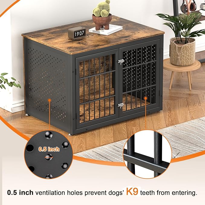 42" Heavy Duty Dog Crate Furniture for Large and Medium Dogs, Enclosed Design Wooden Metal Kennel, Wooden Cage Furniture Indoor, Decorative Dog Kennel End Table