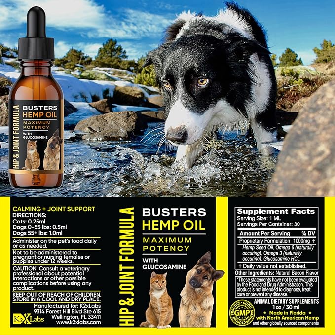 Busters Hip and Joint Hemp Oil for Dogs Formula with Glucosamine, 2Pack 2Month Supply, Soothing Relief for Cats, and Pets, Advanced Mobility Support