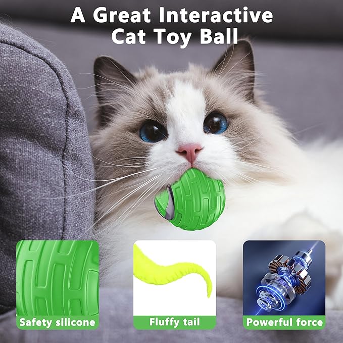 Cat Toys,Interactive Cat Toys Ball for Bored Indoor Cat,Automatic Rolling,Drop Resistant and Obstacle Avoidance,2 Modes Adjustment,Fluffy Tail and USB Type-C Rechargeable（Green）