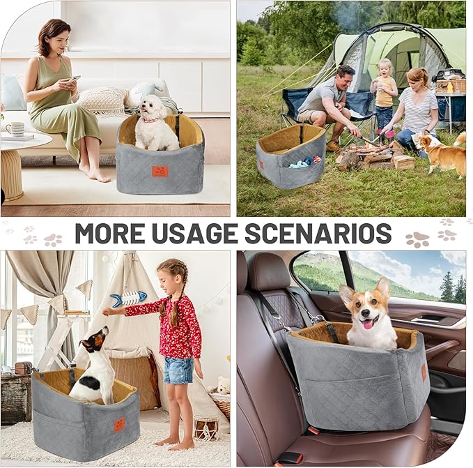 Dog Car Seat for Small Medium Dogs, Memory Foam Booster Car Seat for Dogs up to 35 lbs, Elevated Pet Car Seat, Travel Safety Bed with Washable Removable Cover and Storage Pockets(Gray/Coffee)