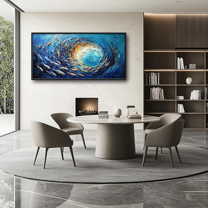 Extra Large Framed Abstract Ocean Fish Wall Art,Oversized Blue Sea Nautical Fish Wall Decor Pictures for Living Room,Canvas Print Painting Modern Artwork Bedroom Office Bathroom Home Decor 60L x30W