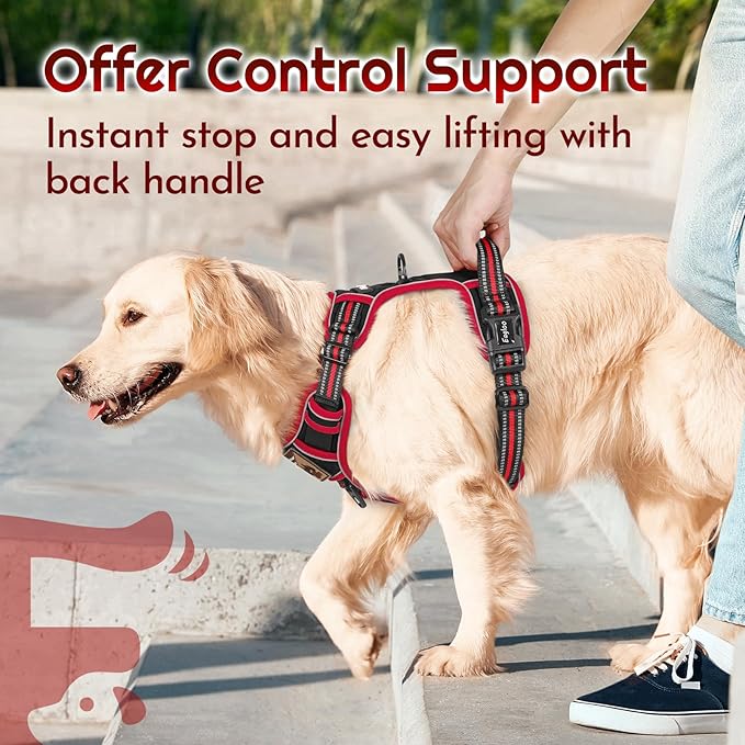 Eagloo Dog Harness for Large Dogs, Easy Wearing with 3 Buckles, Adjustable No Pull Pet Harness with 2 Rings for Walking, No Chock Reflective Soft Padded Vest with Control Handle, Black & Red, L