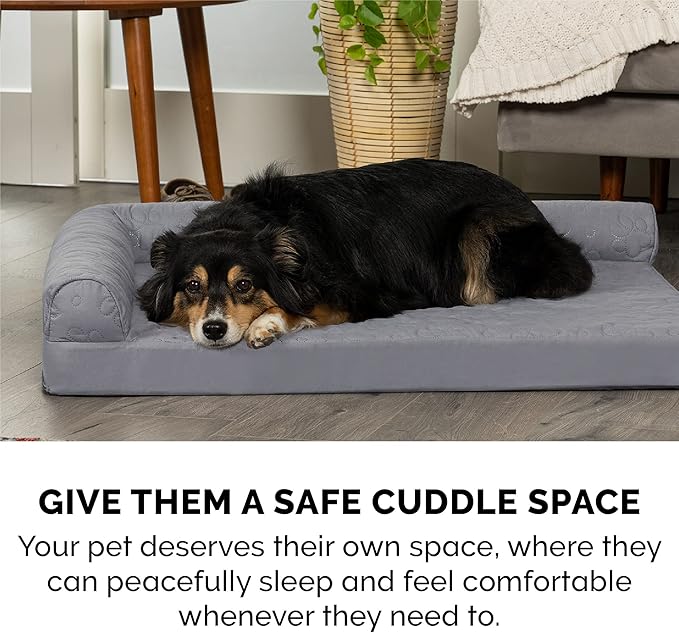 Furhaven Cooling Gel Dog Bed for Medium/Small Dogs w/ Removable Bolsters & Washable Cover, For Dogs Up to 35 lbs - Pinsonic Quilted Paw L Shaped Chaise - Titanium, Medium