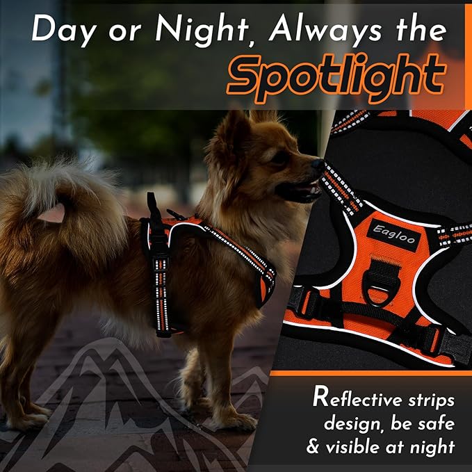 Eagloo Small Dog Harness No Pull, Service Vest with Reflective Strips and Control Handle, Adjustable and Comfortable for Easy Walking, No Choke Pet Harness with 2 Metal Rings, Orange, XS