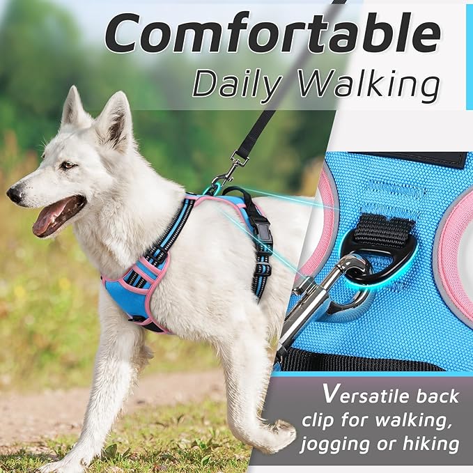 Eagloo Dog Harness for Large Dogs, No Pull Service Vest with Reflective Strips and Control Handle, Adjustable and Comfortable for Walking, No Choke Pet Harness with 2 Metal Rings, Pink & Blue, XL