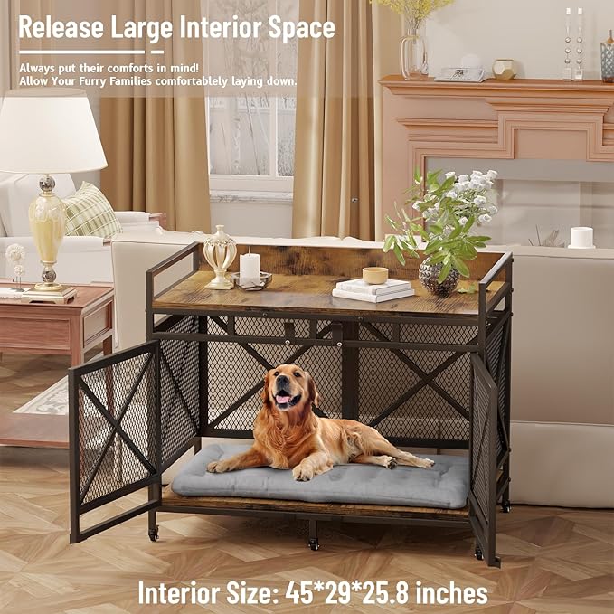 COZPAW Large Dog Crate Furniture, 48 Inch Wooden Dog Kennel for XLarge Dogs, Heavy Duty Dogs Furniture Indoor Wire Dog Cage with Caster Wheels, Decorative Pet House End Table, Brown