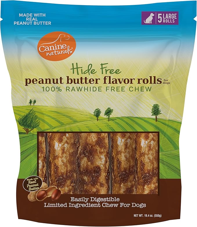 Canine Naturals Peanut Butter Chew - 100% Rawhide Free Dog Treats - Made with Real Peanut Butter - All-Natural and Easily Digestible - 5 Pack of 7 Inch Large Rolls for Dogs 50-75lb