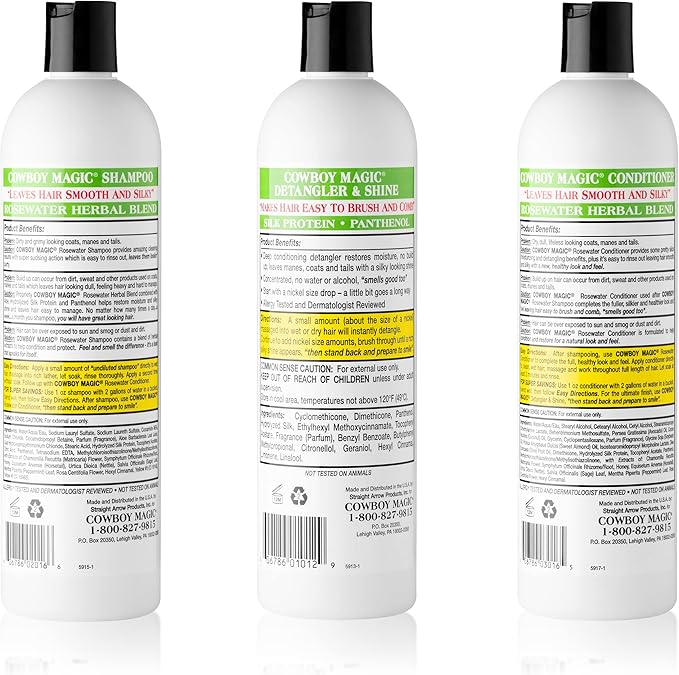 Cowboy Magic Shampoo + Conditioner + Detangler & Shine 16 Ounce each With Silk Panthenol and Honey Great For Horse, Humans, And Dogs Too Silky Coats And Hair