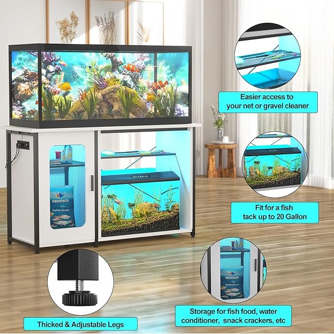 55-75 Gallon Fish Tank Stand with Power Outlets & LED Light, Reversible Heavy Duty Metal Aquarium Stand with Cabinet for Fish Tank Accessories Storage, Turtle/Reptile Terrariums, White