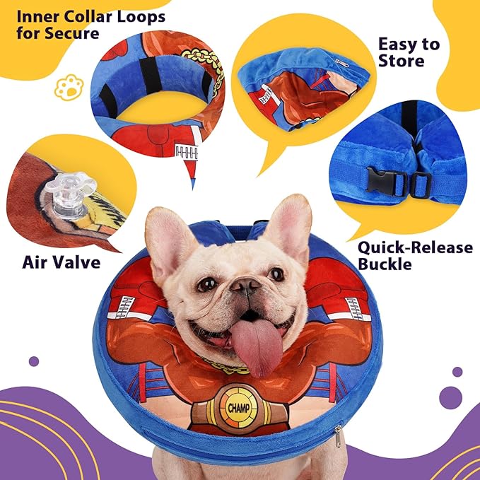 Crazy Felix Soft Donut Cone for Dogs to Stop Licking,French Bulldog Recovery Collar After Surgery Inflatable Cone Alternative for Small Medium Large Dogs, Elizabethan Collar with Boxer Pattern