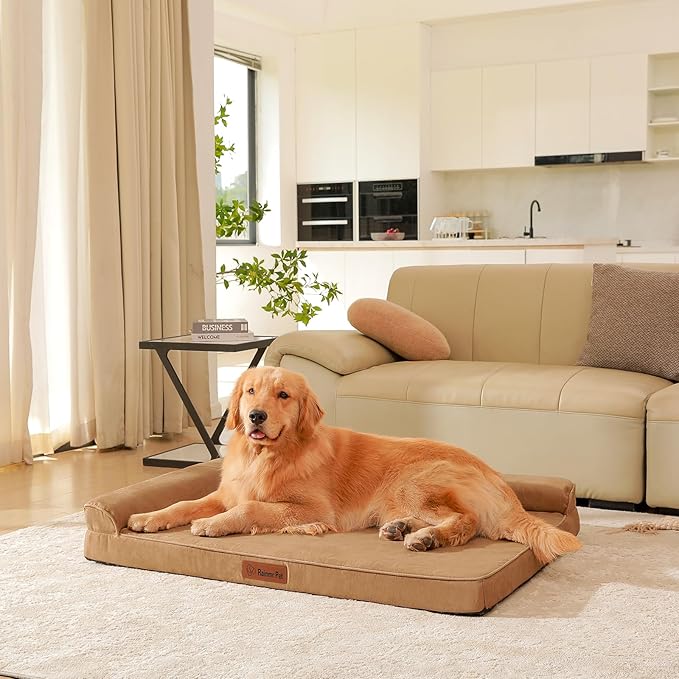 Chew Proof Dog Bed, 3" Memory Foam Dog Bed for Medium and Large Dogs, Removable and Washable Microsuede Cover, Waterproof Liner, Nonskid Bottom, 44x32 Inches XXL Khaki