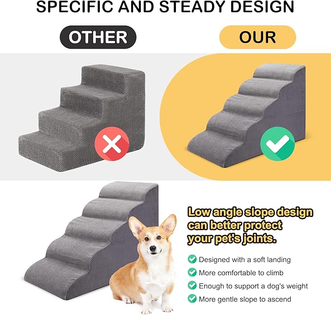 Dog Stairs for Bed and Couch, Non-Slip 5-Step Pet Stairs, 24" High Sofa Foam Dog Ramp - Best for Small Pets, Dogs and Cats with Joint Pain