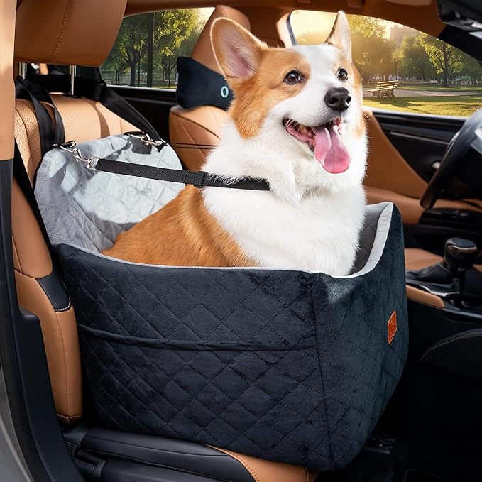 Dog Car Seats for Small/Medium Dogs, FurFrolic Memory Foam Dog Booster Seat for Small Dogs up to 35 lbs, Travel Pet Car Seat with Washable Detachable Cover, Storage Pockets, 2 Safety Belts, Black Gray