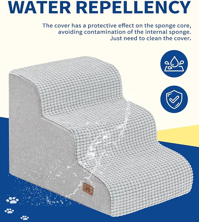Dog Step for Bed, Dog Stair 3-Step 35D Pet Stair 15.7" H for High Bed or Sofa Non-Slip Balanced Pet Step Indoor, Light Grey