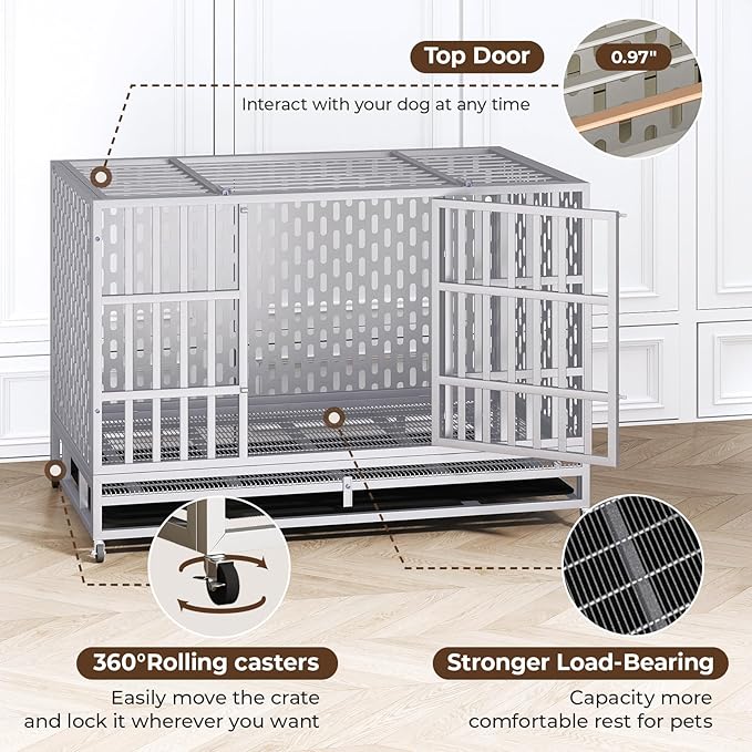 48 Inch Heavy Duty Indestructible Dog Crate Steel Escape Proof, Indoor Double Door High Anxiety Cage, Kennel with Wheels, Removable Tray,Silver,Extra Large XL XXL