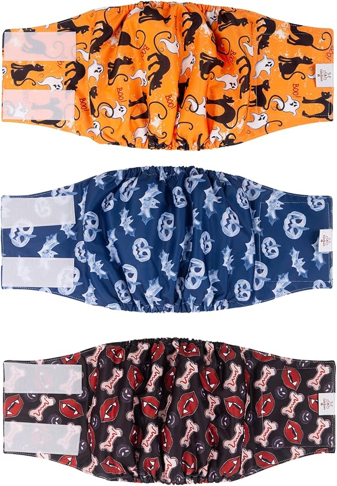 CuteBone Halloween Male Dog Diapers Belly Bands 3 Pack for Male Dogs Wraps Washable Doggie Pants DM22M