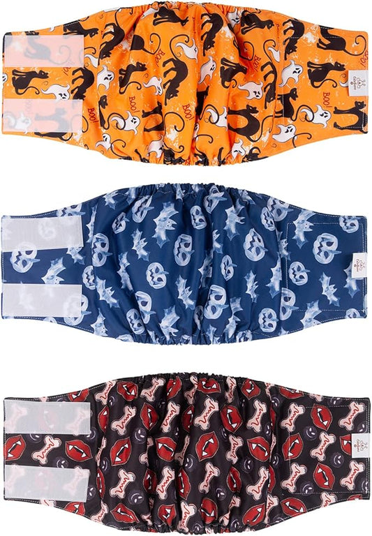 CuteBone Halloween Male Dog Diapers Belly Bands 3 Pack for Male Dogs Wraps Washable Doggie Pants DM22M