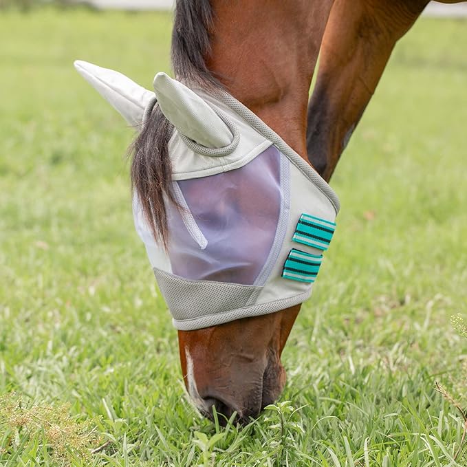 Equinavia Algard Soft Mesh Horse Fly Mask with Ear Protection and 45 UPF Rating | No Eye Irritation & UV Protection - Silver/Turquoise - Pony
