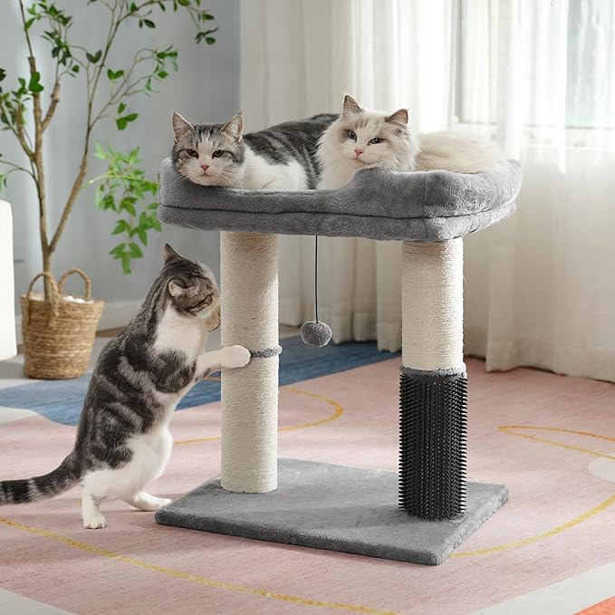 Cat Tree Tower for Large Cats Cat Scratching Post with 20x15.7”Wide Top Bed, Self Groomer, Thick Scratch Post [Dia=4.5”] and Danging Ball Great for Indoor Cats-Large Grey