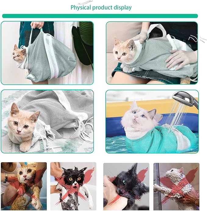 7-Piece Cat Bathing Set - Anti-Scratch Silicone Shoes, Claw Covers, Shower Net, Bathing Bag & Elizabethan Collar (Grey-3)