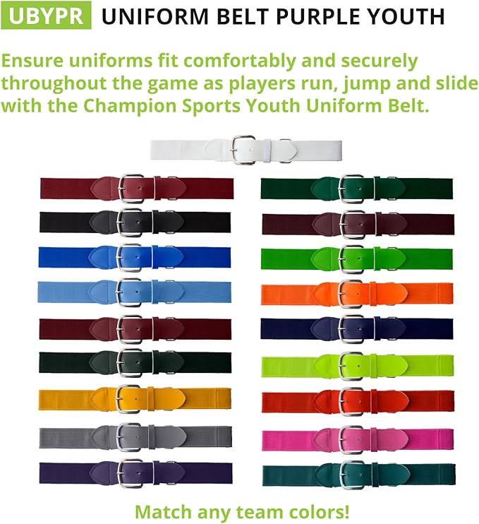 Champion Sports Baseball/Softball Uniform Belt, Comfort Stretch Fit Durable Syntex Tab - Youth & Adult Sizes, Multiple Colors