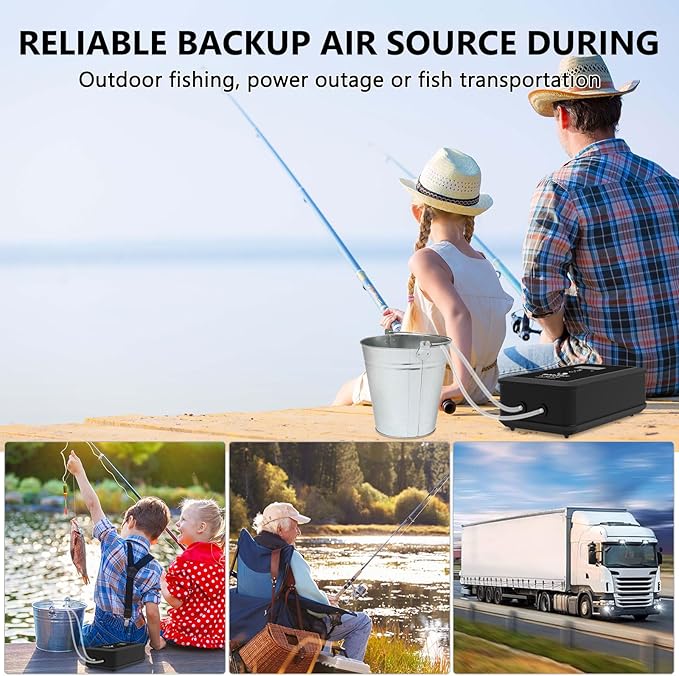 fishkeeper Rechargeable Aquarium Air Pump, 8W 130GPH Ultra Quiet Fish Tank Air Pump for 10-120 Gallon Tanks Adjustable Oxygen Aerator Pump for Outdoor-Fishing, Power Outages and Emergency