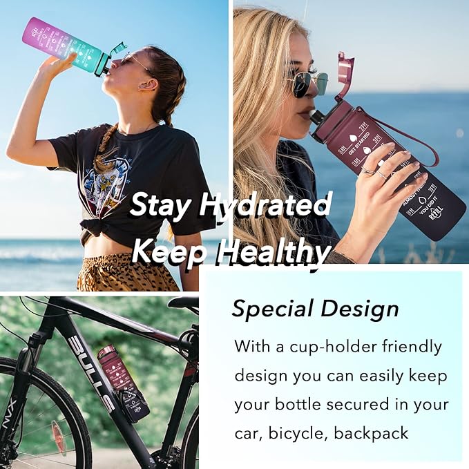 Enerbone Water Bottle, Leakproof BPA & Toxic Free, Motivational Water Bottle with Times to Drink and Straw, Fitness Sports Water Bottle with Strap for Office, Gym, Outdoor Sports