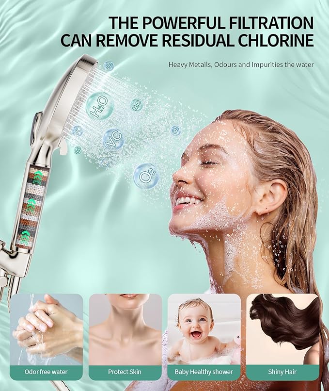 Filtered Shower Head with Handheld, High Pressure 9 Spray Mode Brushed Nickel Showerhead with Filters, detachable shower head,Water Softener Filters Beads for Hard Water - Remove Chlorine
