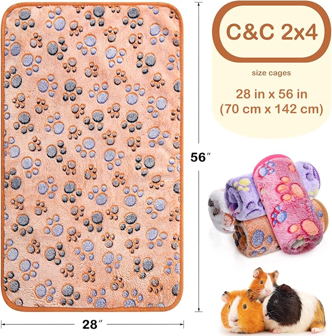 4 Pcs Waterproof Guinea Pig Blankets Washable Small Animal Fleece Bedding Absorbent Guinea Pig Cage Liners Reusable Pet Pee Pad Sleep Mat Pad Cover for Hamster Ferret (Paw Print, 28 x 56 Inch)