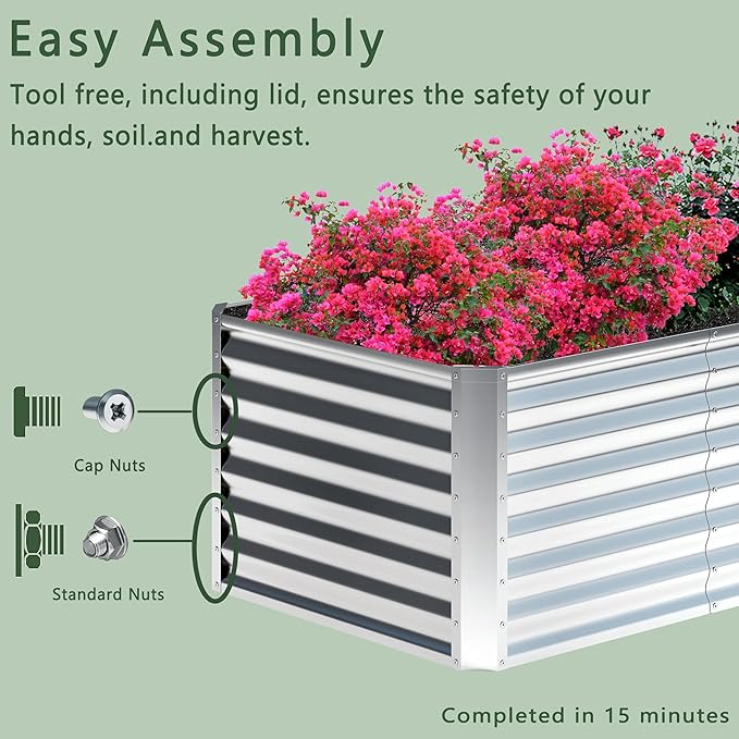8x2x2FT Galvanized Raised Garden Bed,Planter Raised Beds-Metal Garden Box,Large Plant for Outdoor Planting, Vegetables Bed，Flower,herb-Sliver