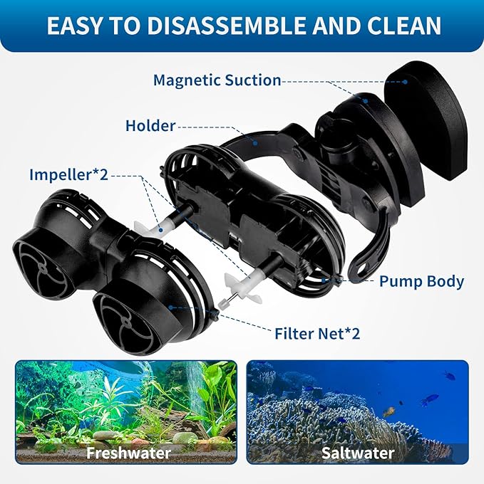 FREESEA Wave Maker for Aquarium Powerhead: 1600 GPH Circulation Pump - 360° Adjustable Power Head Wavemaker with Magnetic Suction for 75 Gallon - 125 Gallon Fish Tank | Saltwater | Freshwater