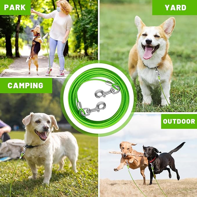 Dog Tie Out Cable 10/15/20/25/30 FT Runner for Yard Steel Wire Cable with Durable Superior Clips Green Chains for Outside Dog Lead for Large Up to 165 Lbs