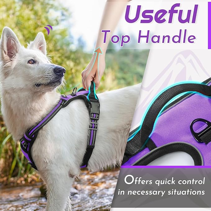 Eagloo Dog Harness for Large Dogs, No Pull Service Vest with Reflective Strips and Control Handle, Adjustable and Comfortable for Easy Walking, No Choke Pet Harness with 2 Metal Rings, Purple, L